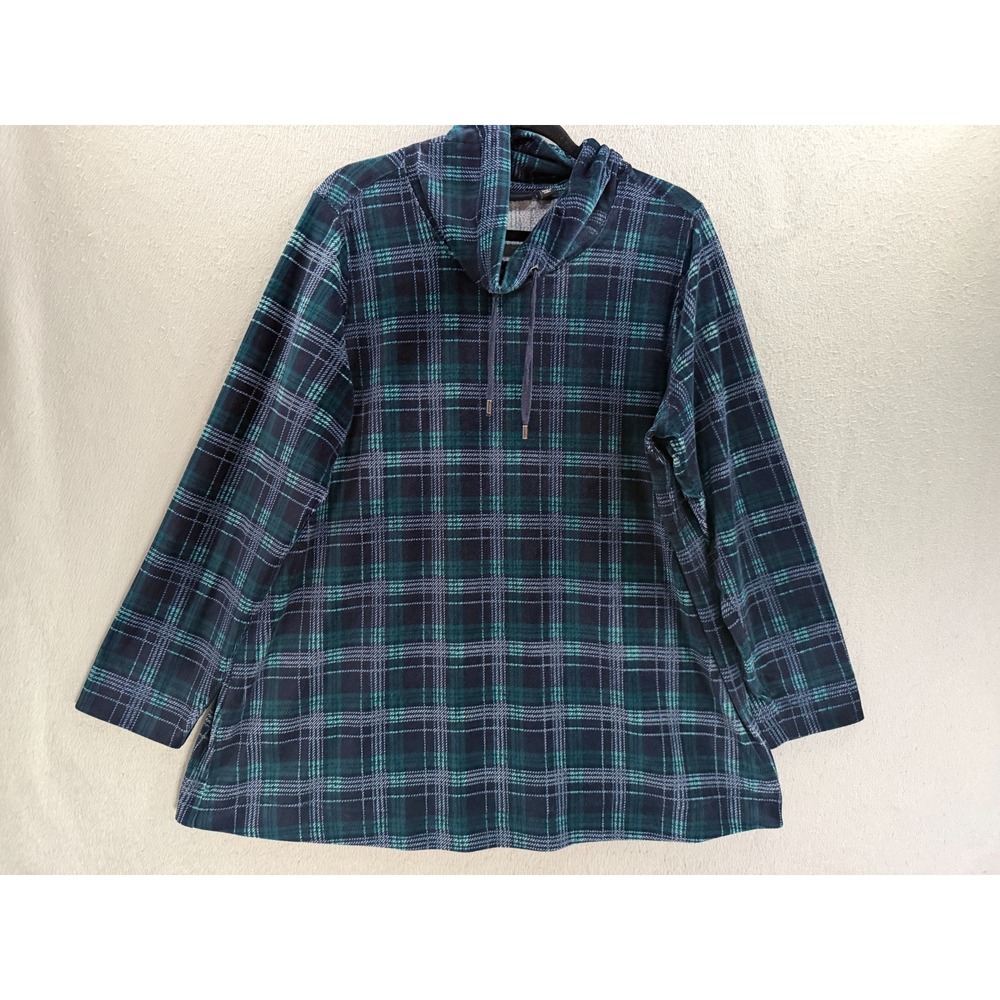 Susan Graver Weekend Top Womens 2X Blue Green Plaid Knit Corduroy Funnel Neck